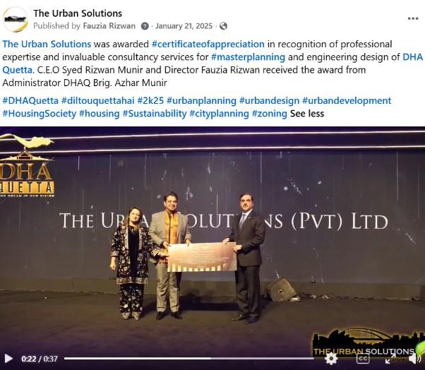 The Urban Solutions post announcing the Certificate of Appreciation from Defence Housing Authority Quetta, received by Fauzia Rizwan and Syed Rizwan Munir for master planning and engineering design
