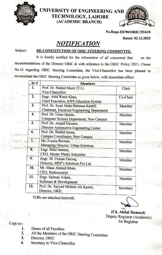 Notification listing the members of the ORIC Steering Committee at the University of Engineering & Technology, Lahore, including Fauzia Rizwan