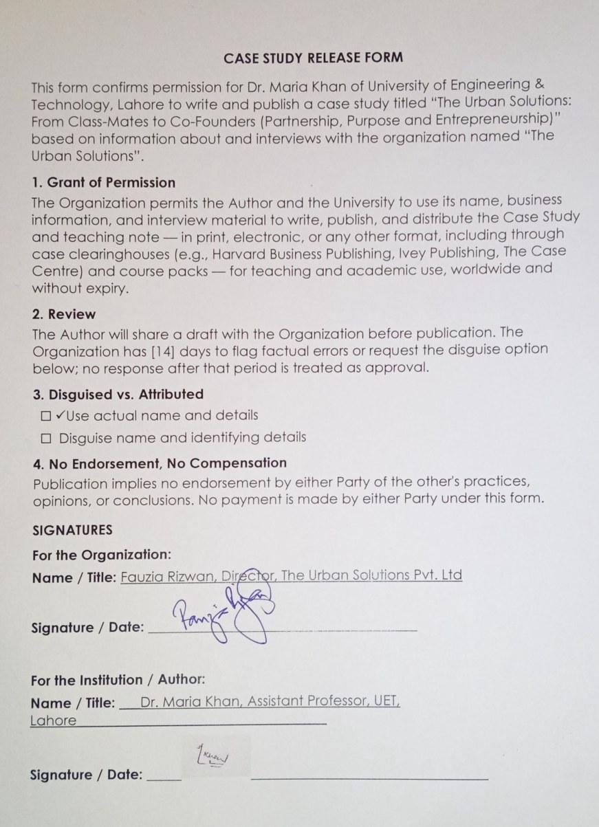 Publication agreement naming Fauzia Rizwan, Director of The Urban Solutions Pvt. Ltd., for the forthcoming University of Engineering & Technology case study