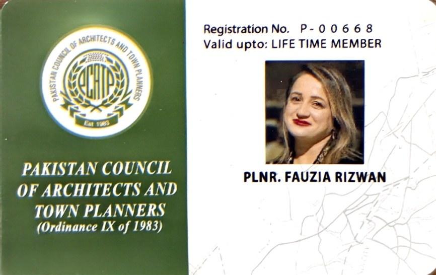 Pakistan Council of Architects & Town Planners life membership card issued to Planner Fauzia Rizwan, registration number P-00668