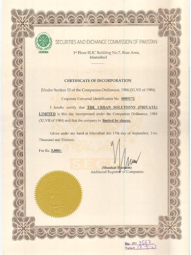 Certificate of Incorporation of The Urban Solutions (Private) Limited under the Companies Ordinance 1984