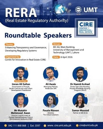 RERA Roundtable Speakers poster from the Centre for Innovation in Real Estate at the University of Management & Technology, Lahore, listing Fauzia Rizwan, Director, The Urban Solutions